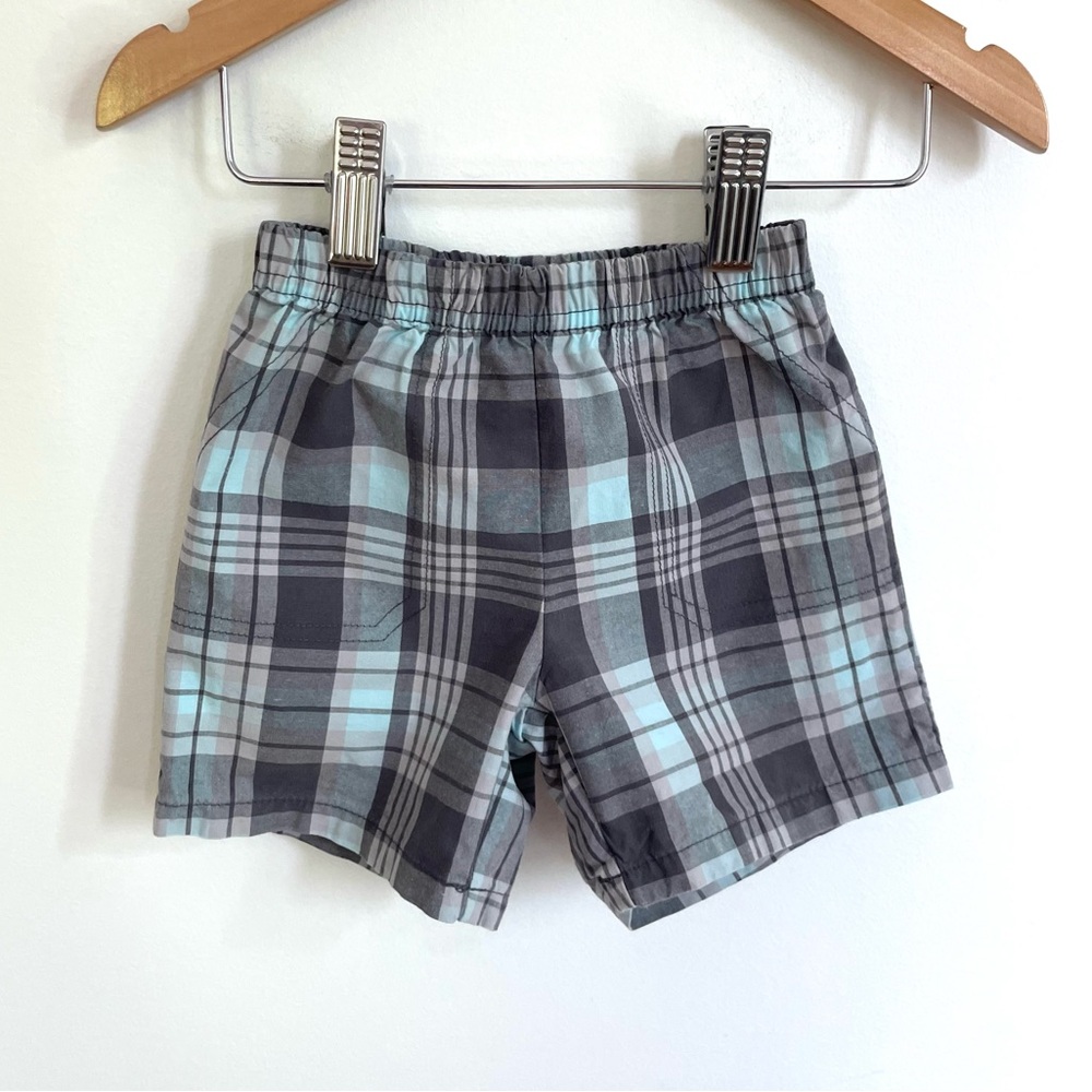 5/$20💥Carter's Madras Plaid Summer Pull-On Shorts, Grey White Aqua, Woven Cotton